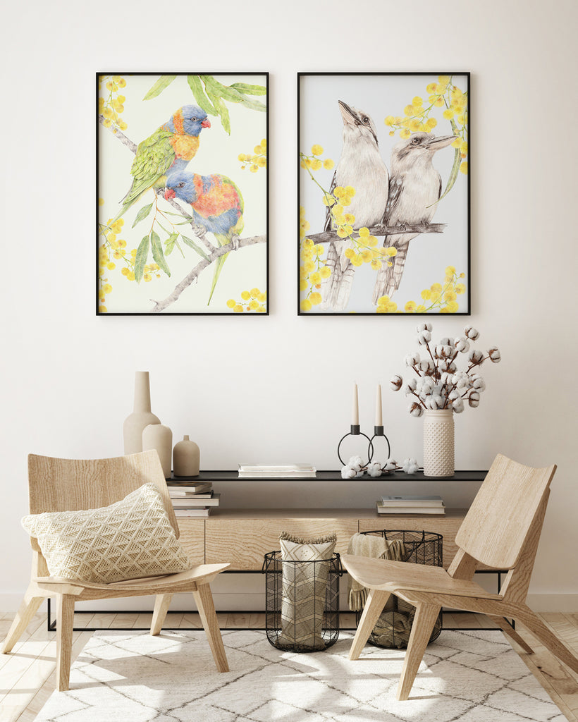 Australian bird art featuring kookaburras and rainbow lorikeets