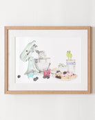 Framed kitchen wall art with budgies and baking
