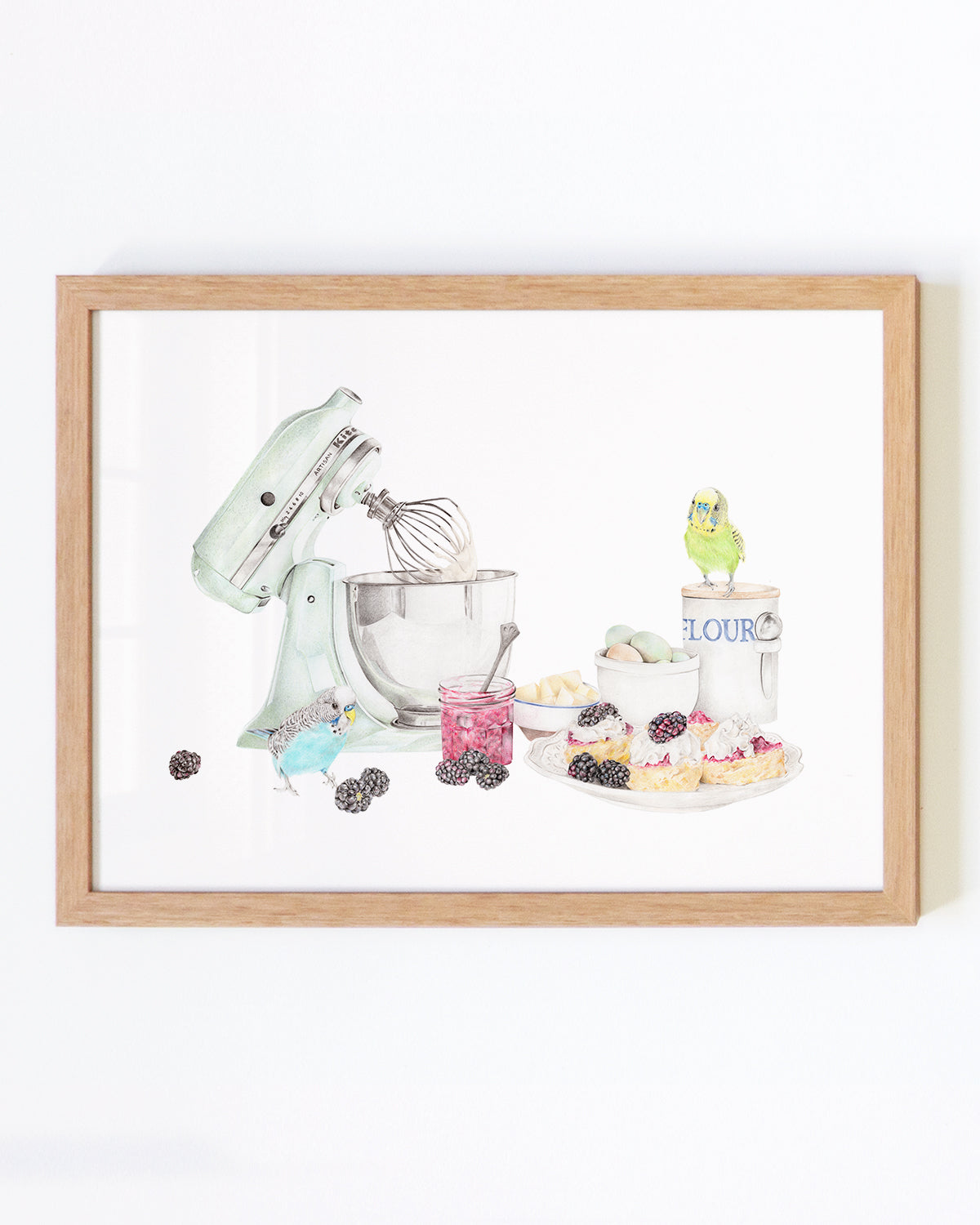 Budgies Bake Off Original Pencil Drawing Framed