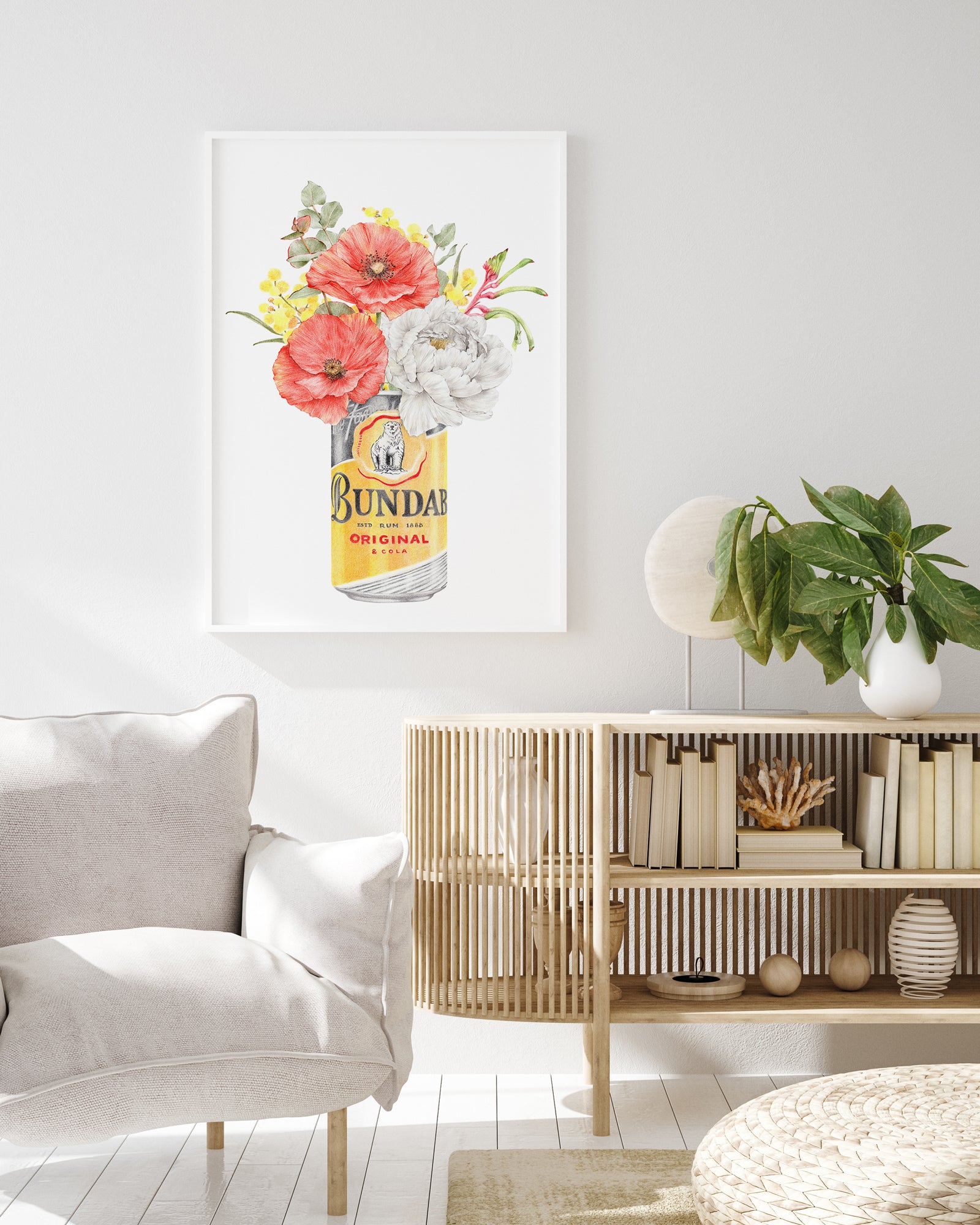 Australian wall art featuring Bundaberg Rum with native flowers