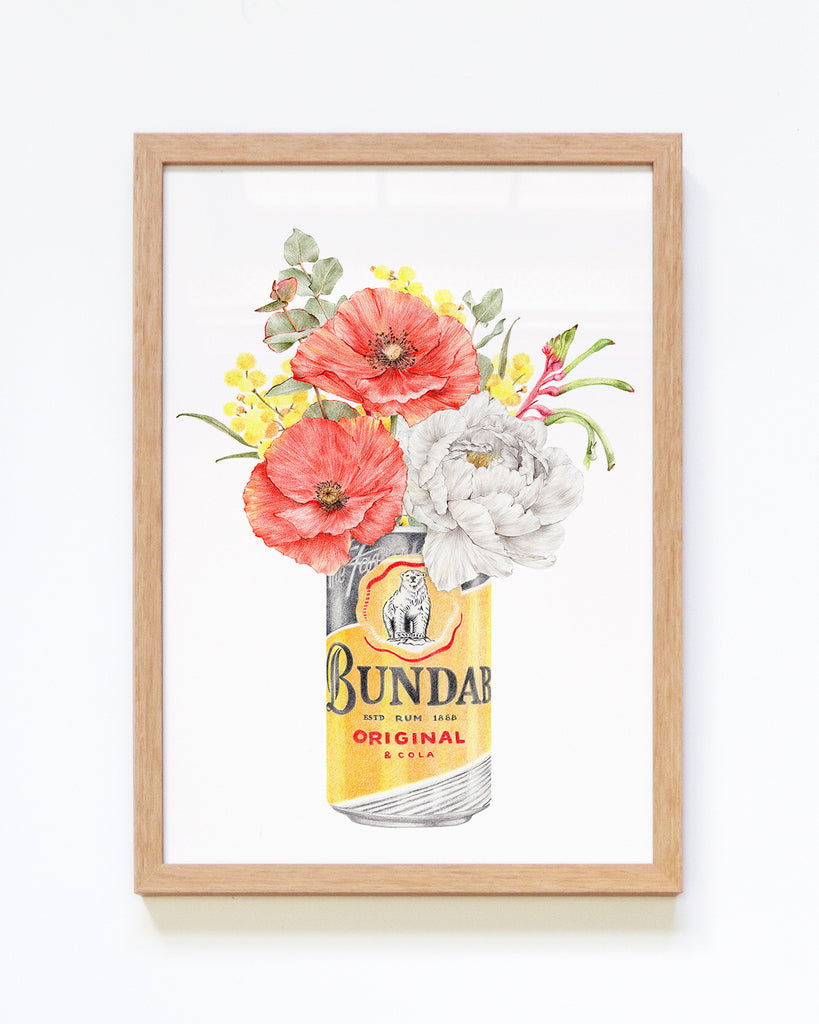 Framed Australian Art featuring Bundaberg Rum with poppies