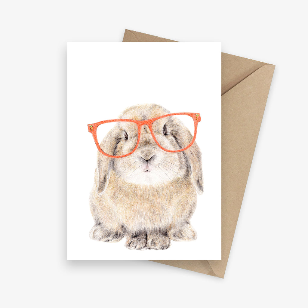 Greeting card featuring a lop-eared bunny with glasses.