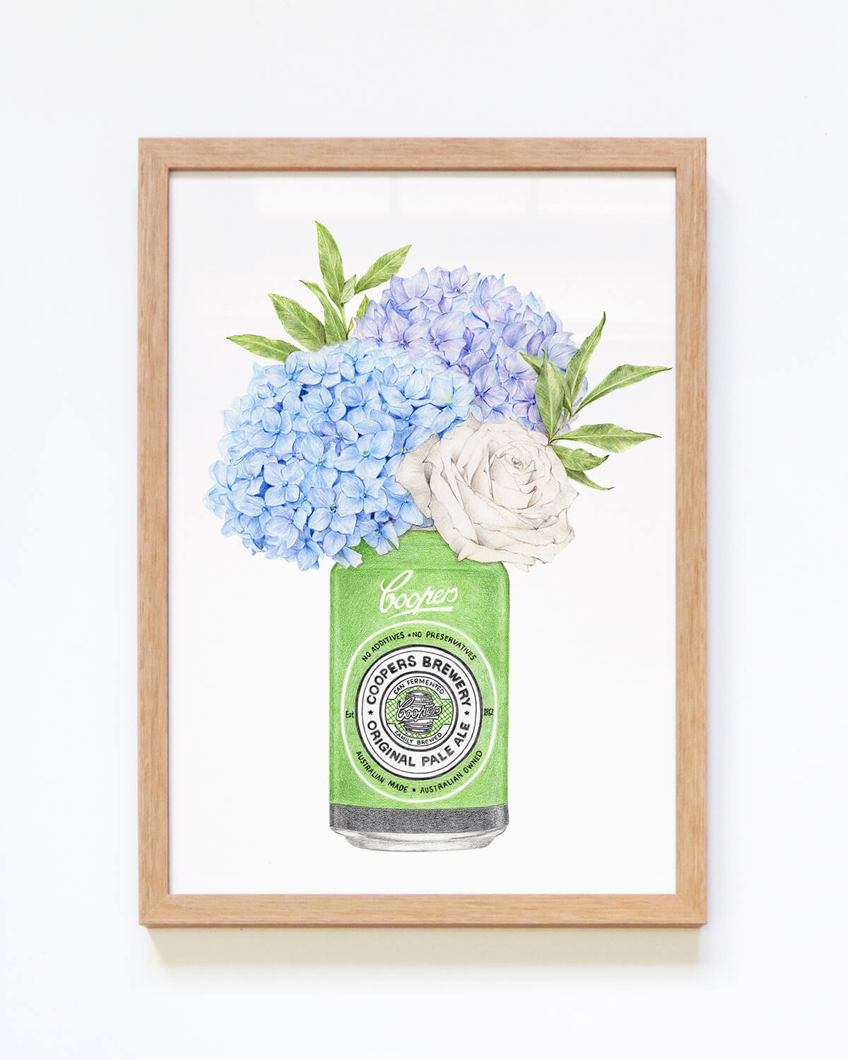 Custom framed Coopers Pale Ale with hydrangeas art print