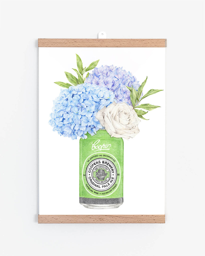 Australian wall art print with Coopers Pale Ale and hydrangeas