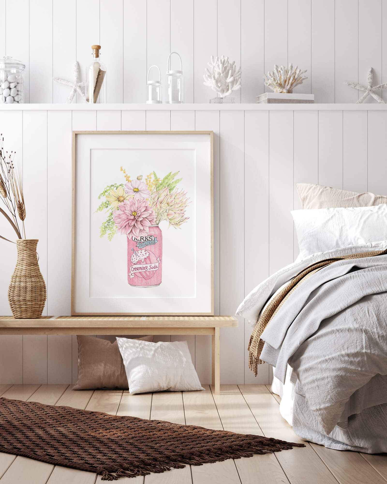 Australian Kirks Creaming Soda with floral artwork in bedroom