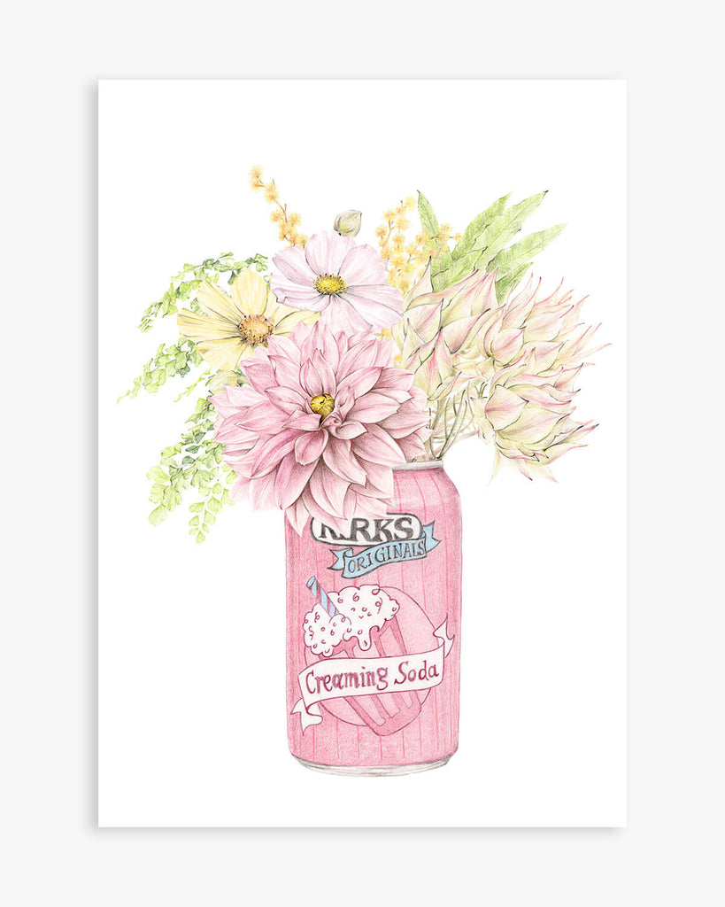 Australian art print featuring Kirks Creaming Soda with floral 