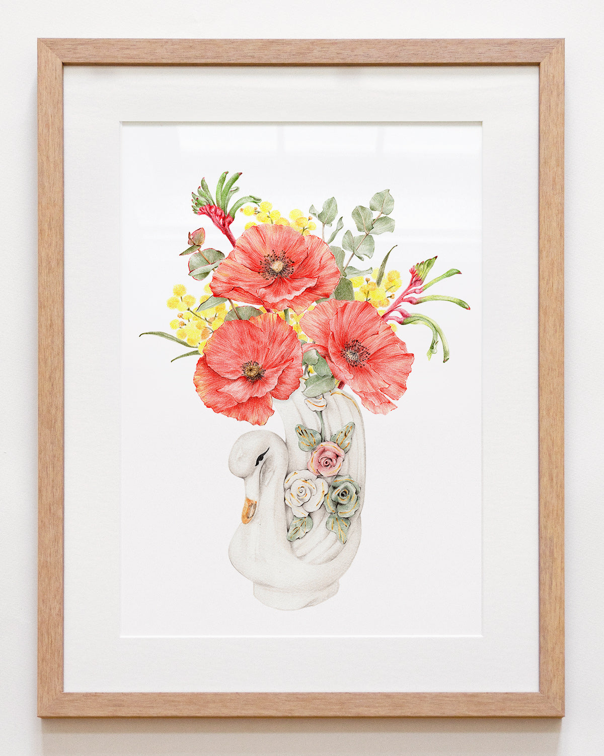 Kitsch swan vase with poppies botanical art print