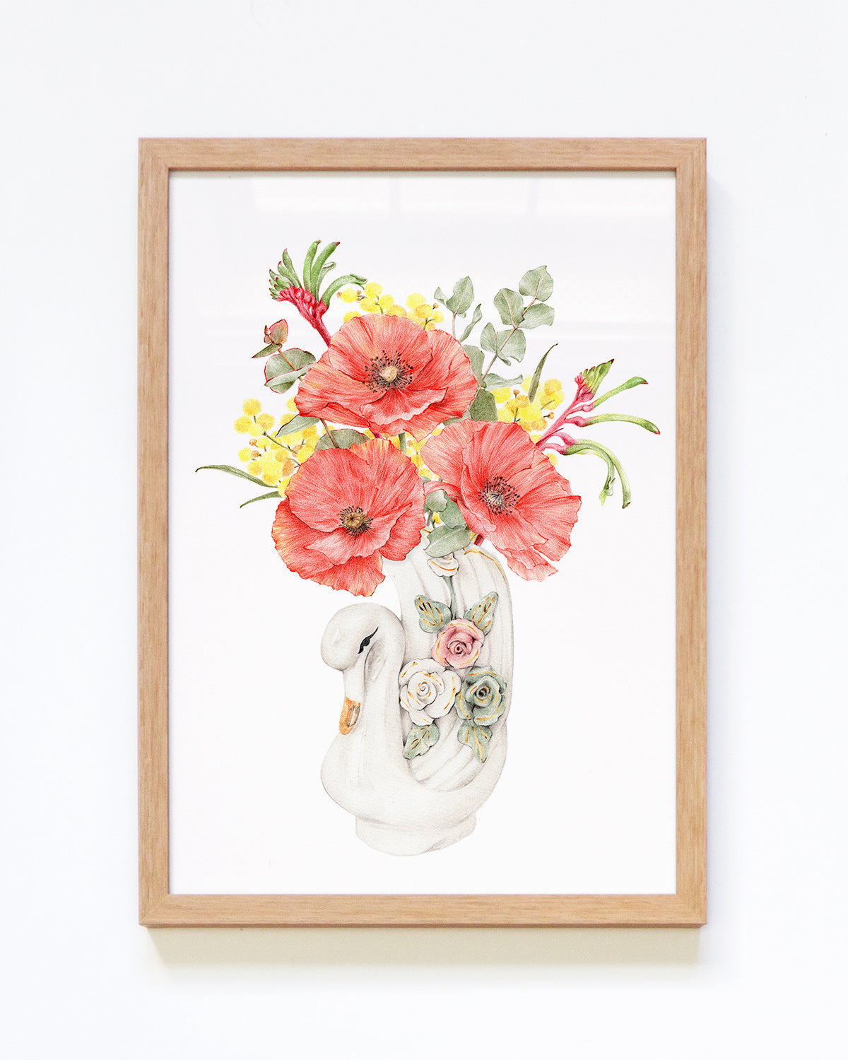 Framed botanical art print with poppies