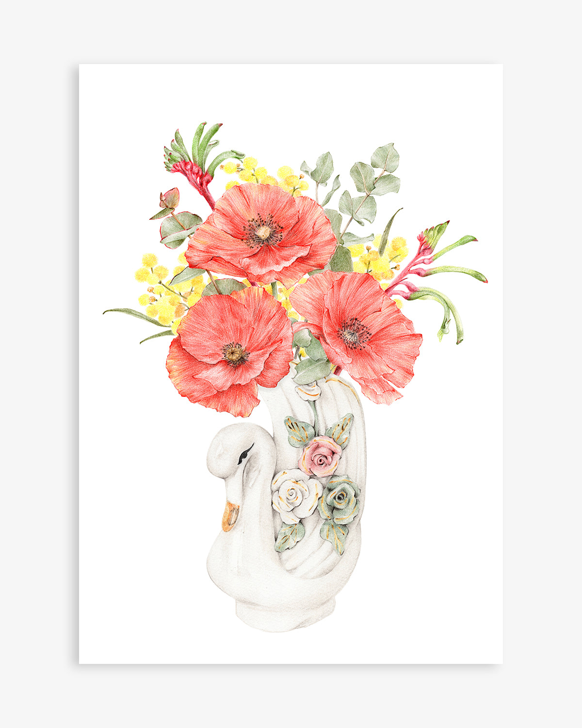 Botanical Art Print with vintage swan vase