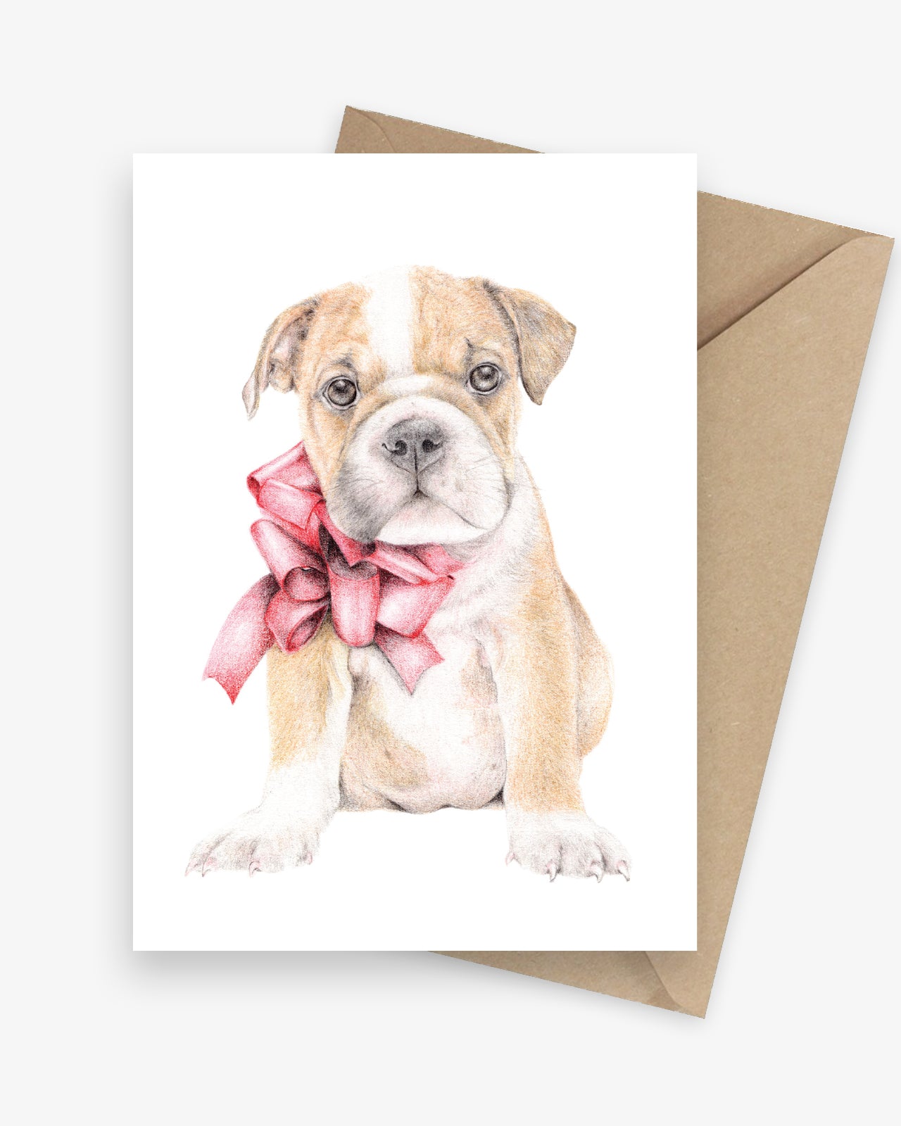 Illustrated greeting card featuring a British Bulldog puppy with a big red bow.