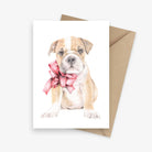 Illustrated greeting card featuring a British Bulldog puppy with a big red bow.