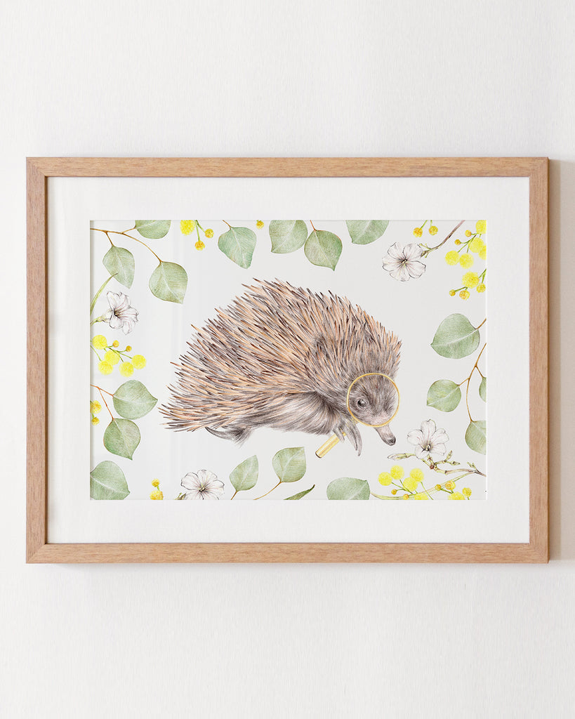 Framed echidna with a magnifying glass nursery wall art