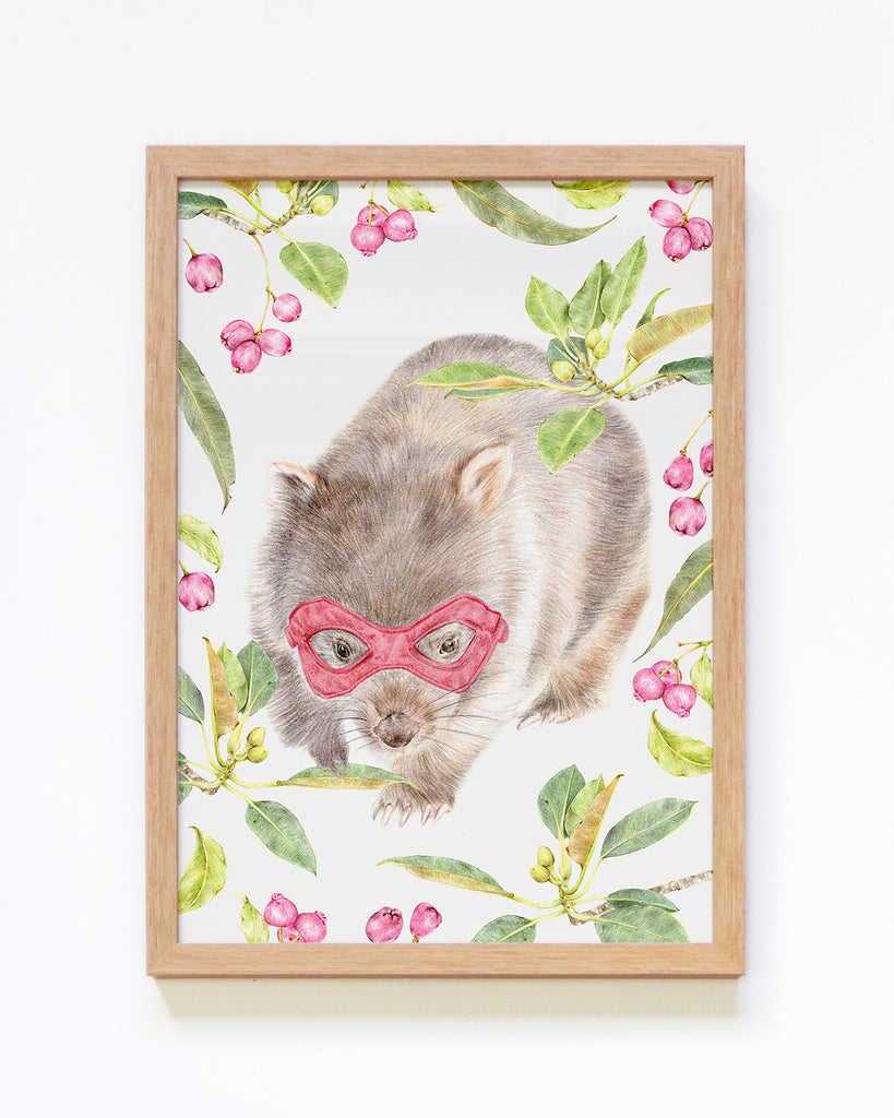 Framed nursery art with wombat in a mask