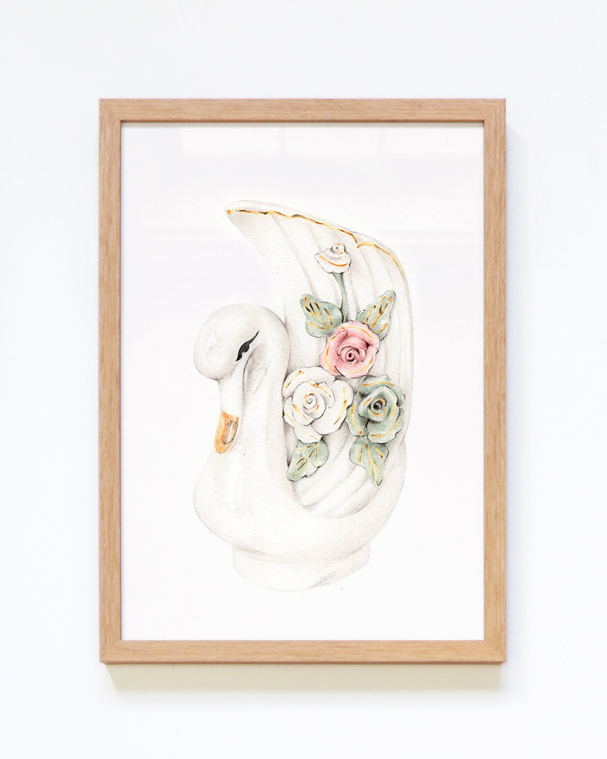 Framed vintage inspired swan vase drawing