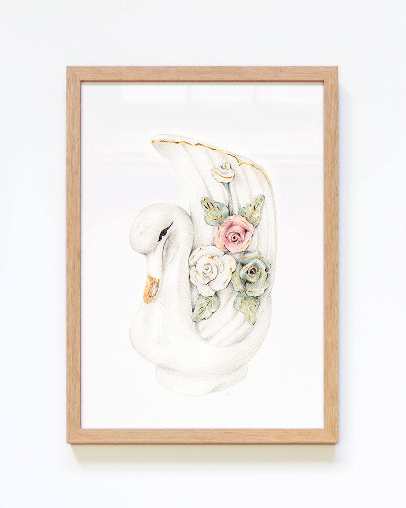 Framed vintage inspired swan vase drawing