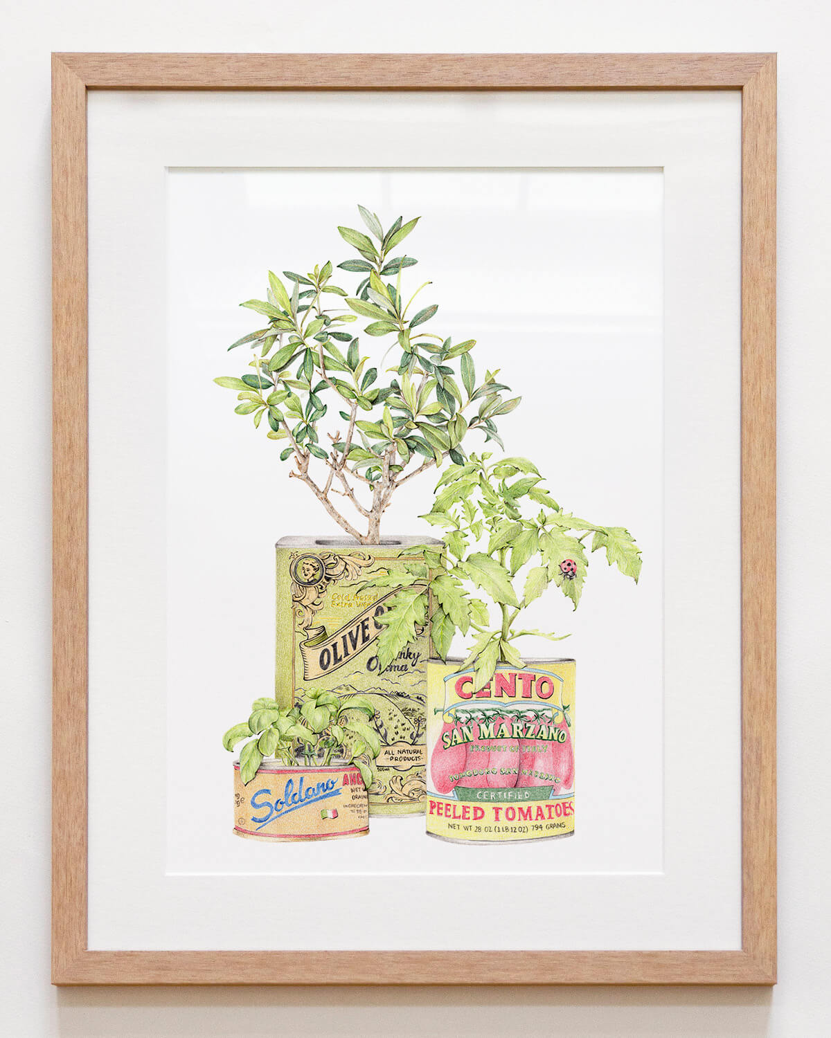 Kitchen wall art featuring classic Italian canned foods and herbs