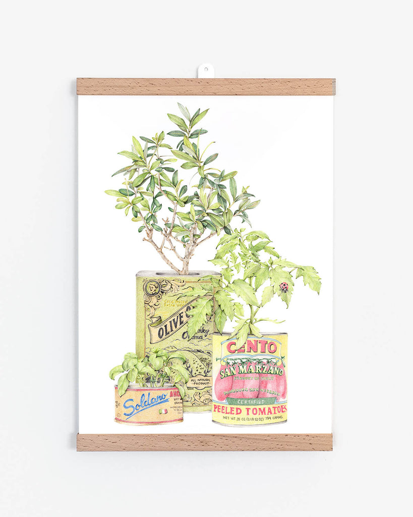 Kitchen wall art depicting traditional Italian canned foods and herbs