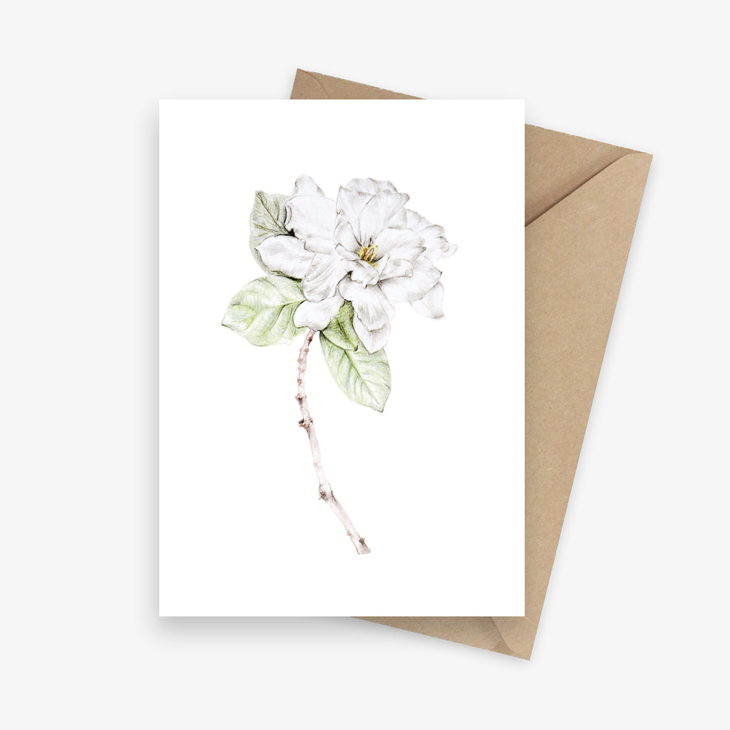 Illustrated botanical greeting card featuring a white gardenia flower.