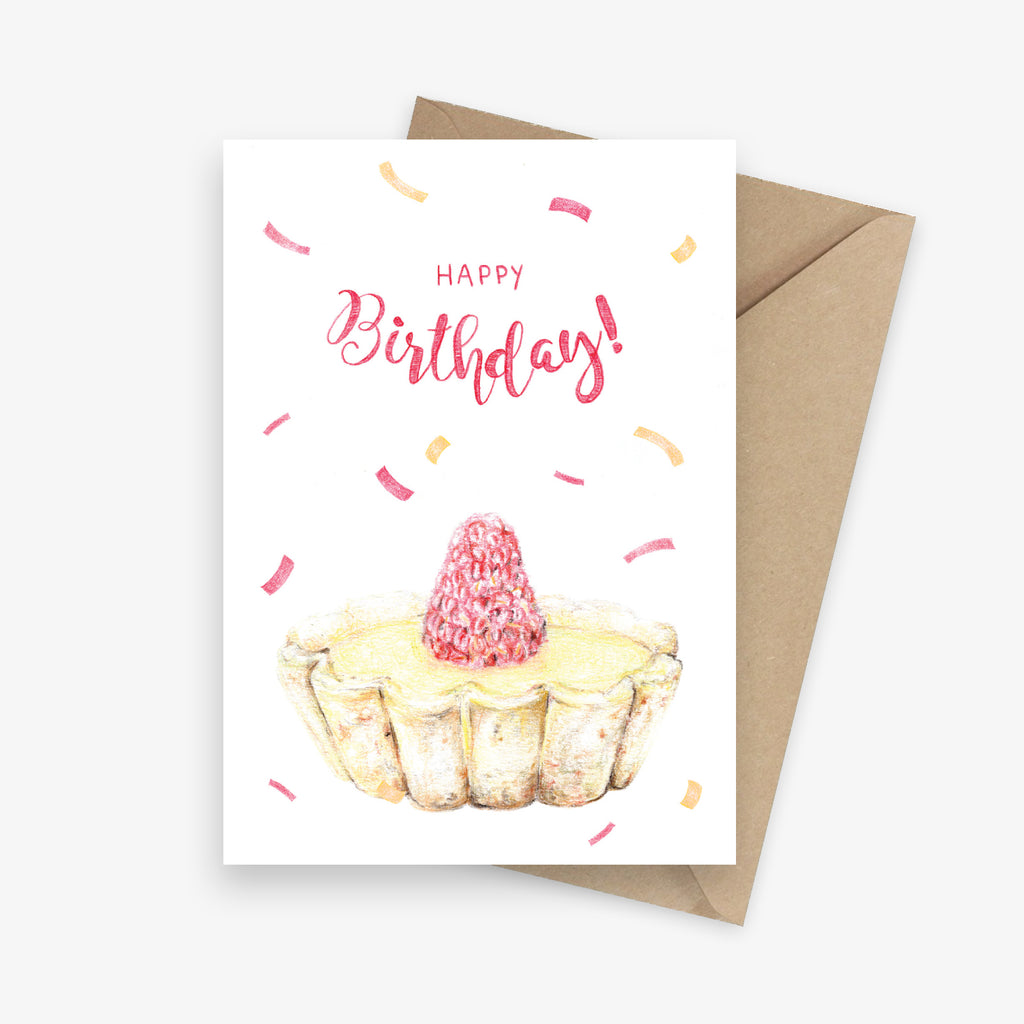 Birthday card featuring a lemon tart and confetti.
