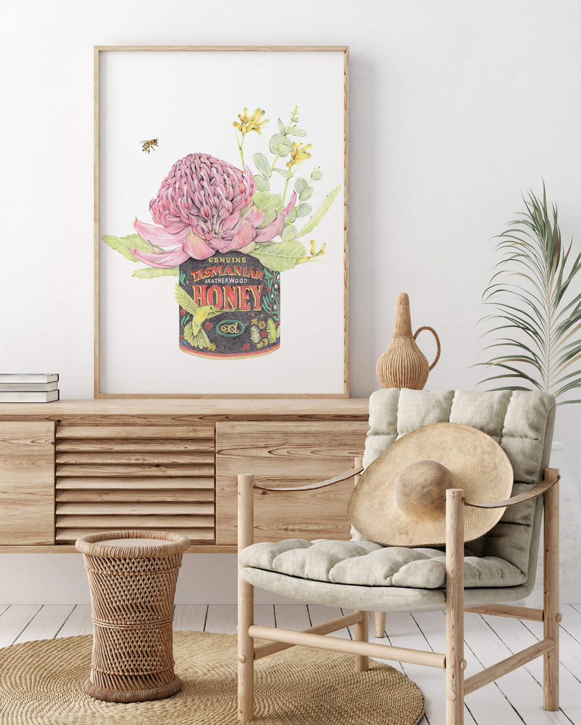 Australian honey with Waratah floral wall art print 