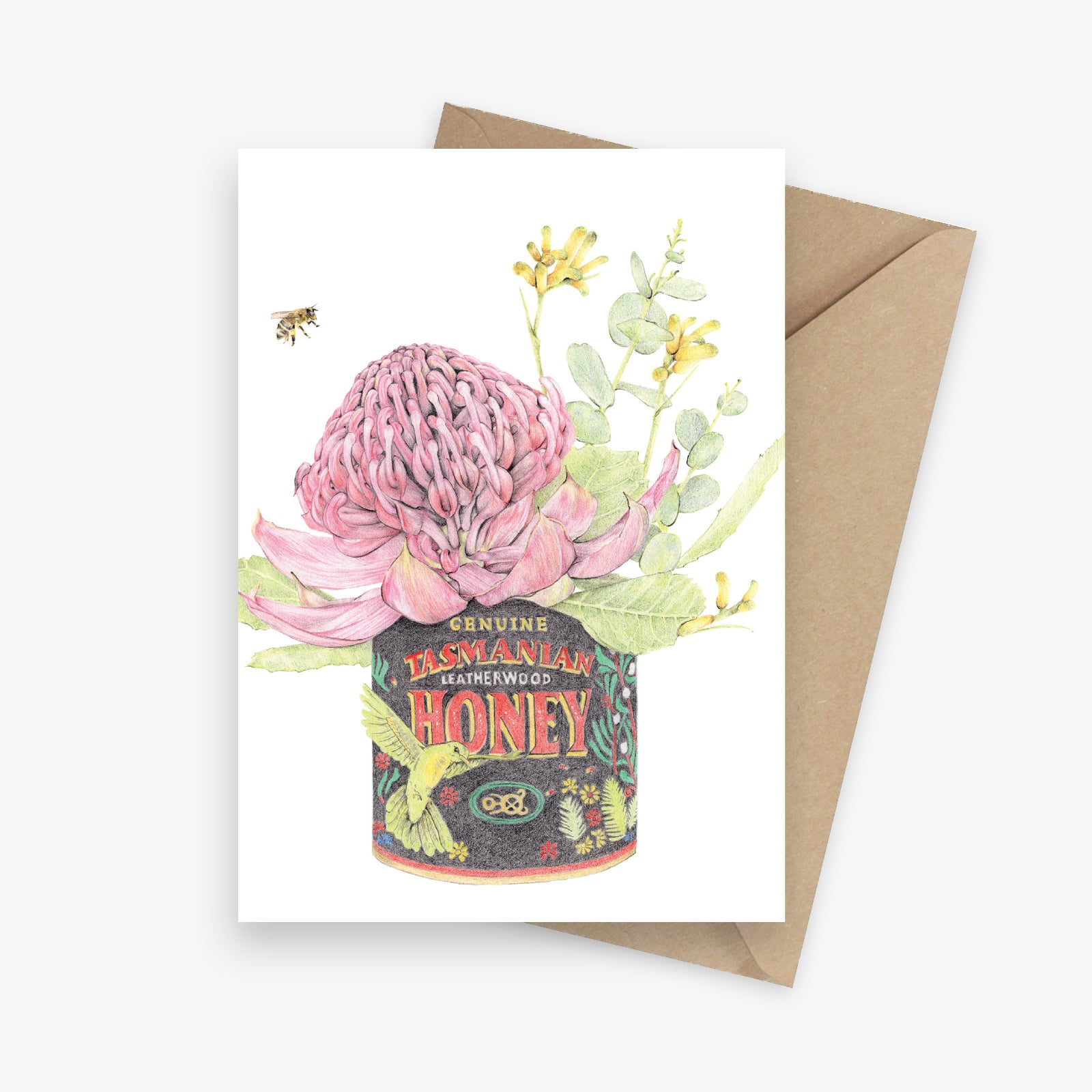 Greeting card with Australian native flowers featuring a waratah and kangaroo paws in a Tasmanian honey tin.