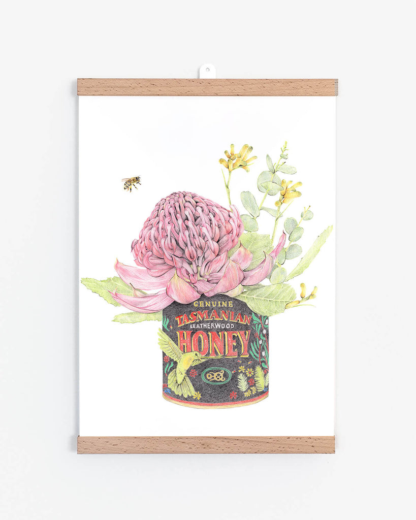 Australian honey with Waratah floral art print 