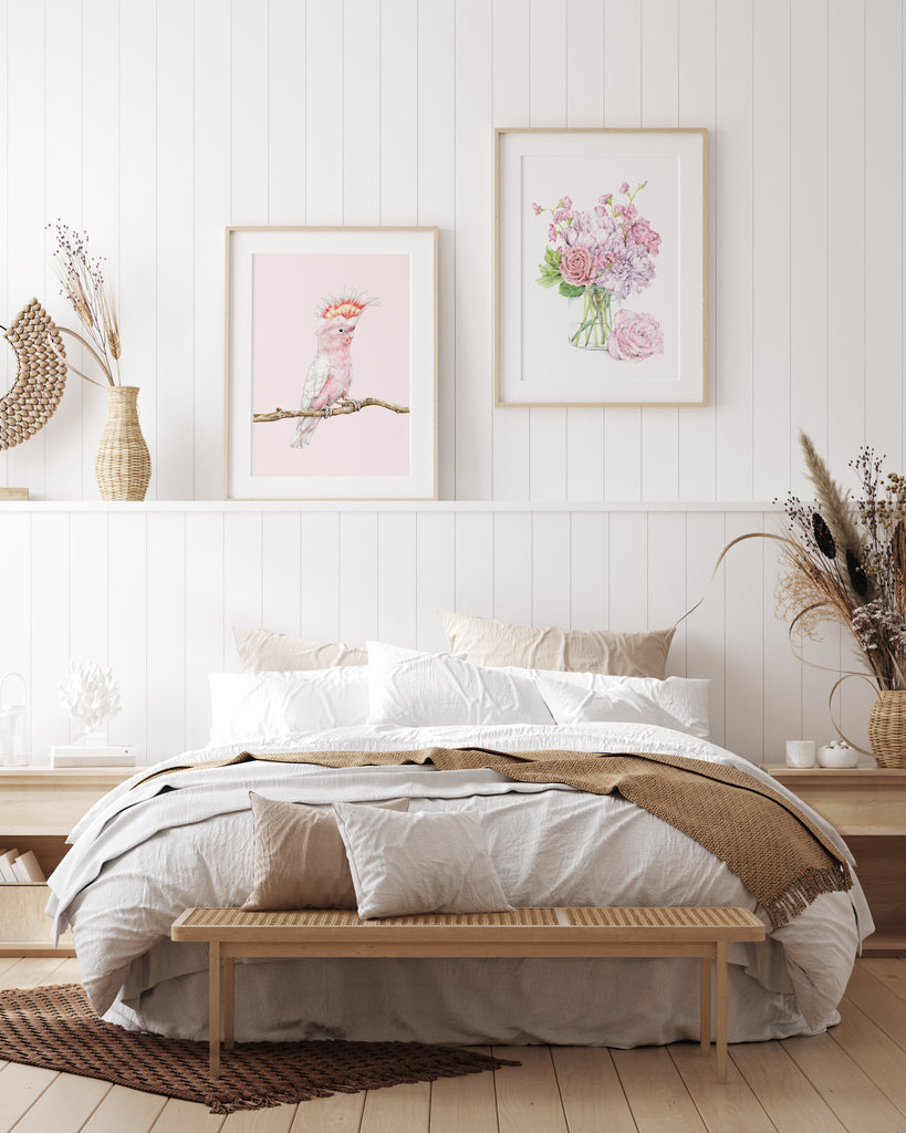 Pink Boho bedroom art prints featuring an Australian bird and botanicals