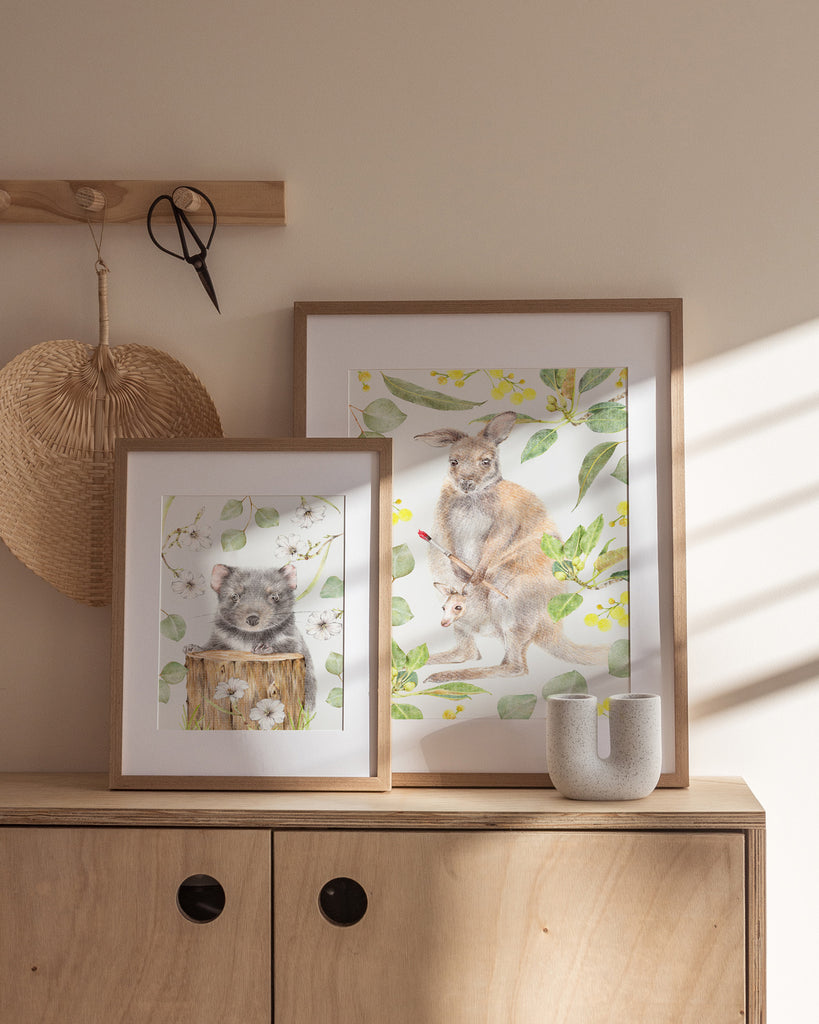 Nursery art prints featuring a kangaroo and Tasmanian Devil