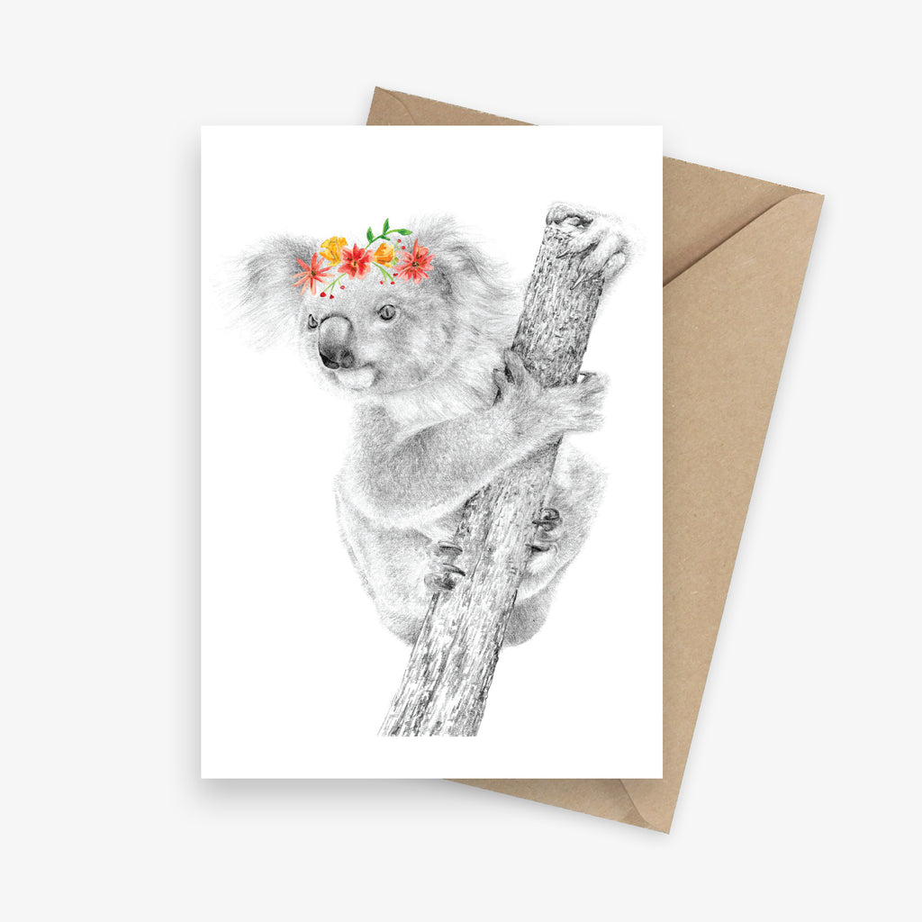 Greeting card featuring an Australian native koala with a flower crown.