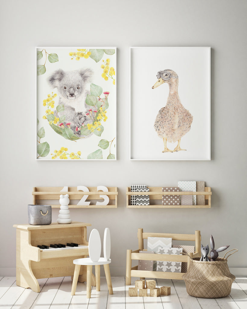 Nursery animal art print featuring a koala and a duck