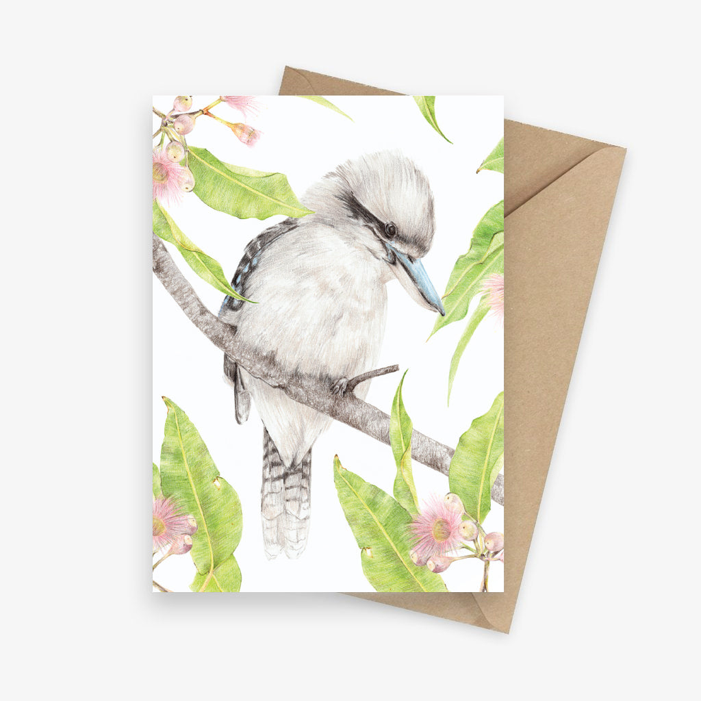 Greeting card featuring a kookaburra with flowering gums.