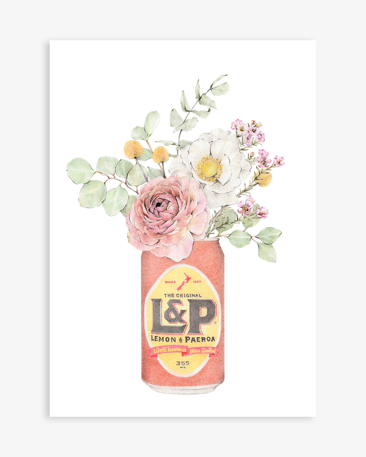 New Zealand l&p soft drink with a bunch of flowers