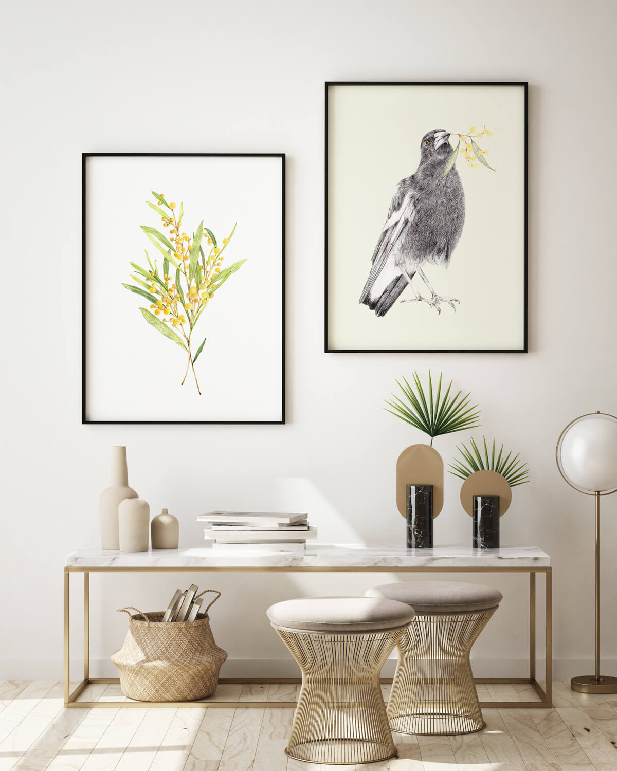 Golden Wattle and Magpie Art Print with Frames made in Australia by Artist Carmen Hui