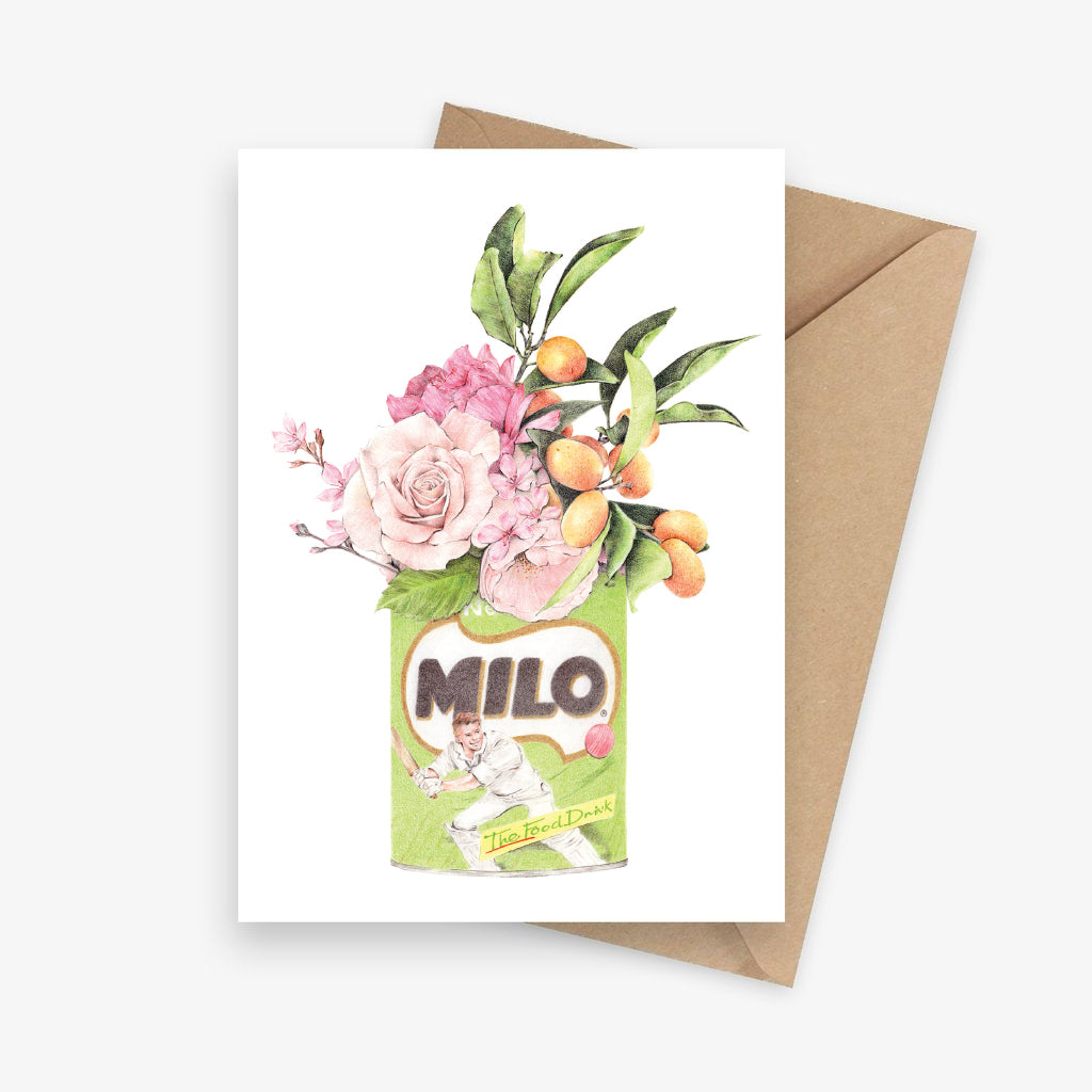 Illustrated greeting card featuring a bouquet of roses and citrus in a Milo tin.
