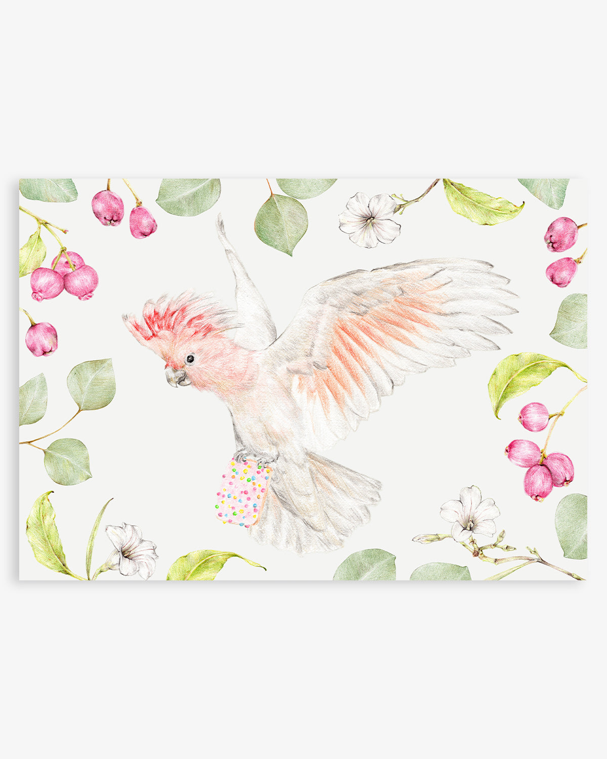 Nursery artwork of Australian pink cockatoo with Hundreds and Thousands