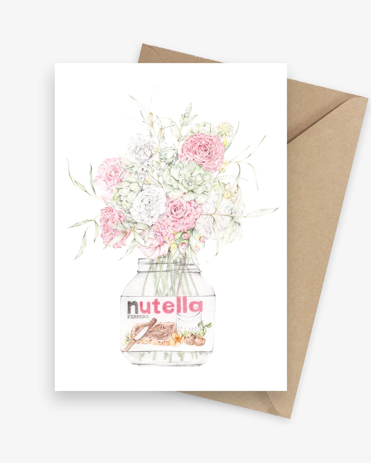 Greeting card featuring a bouquet of roses in a Nutella jar.