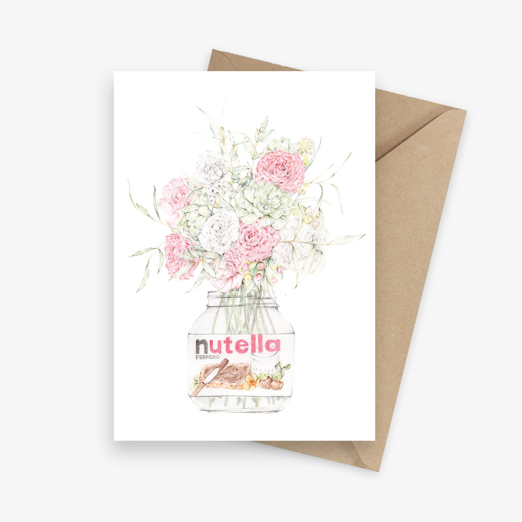Greeting card featuring a bouquet of roses in a Nutella jar.