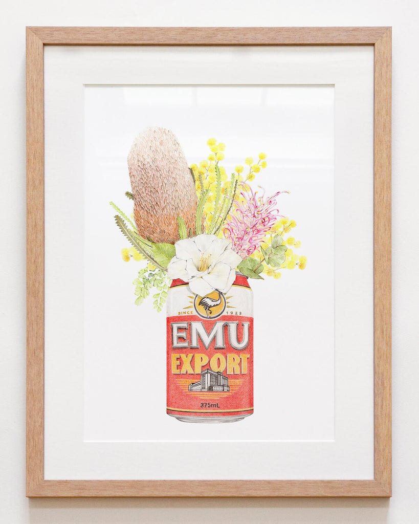 Australian art print featuring WA Emu Export beer with florals