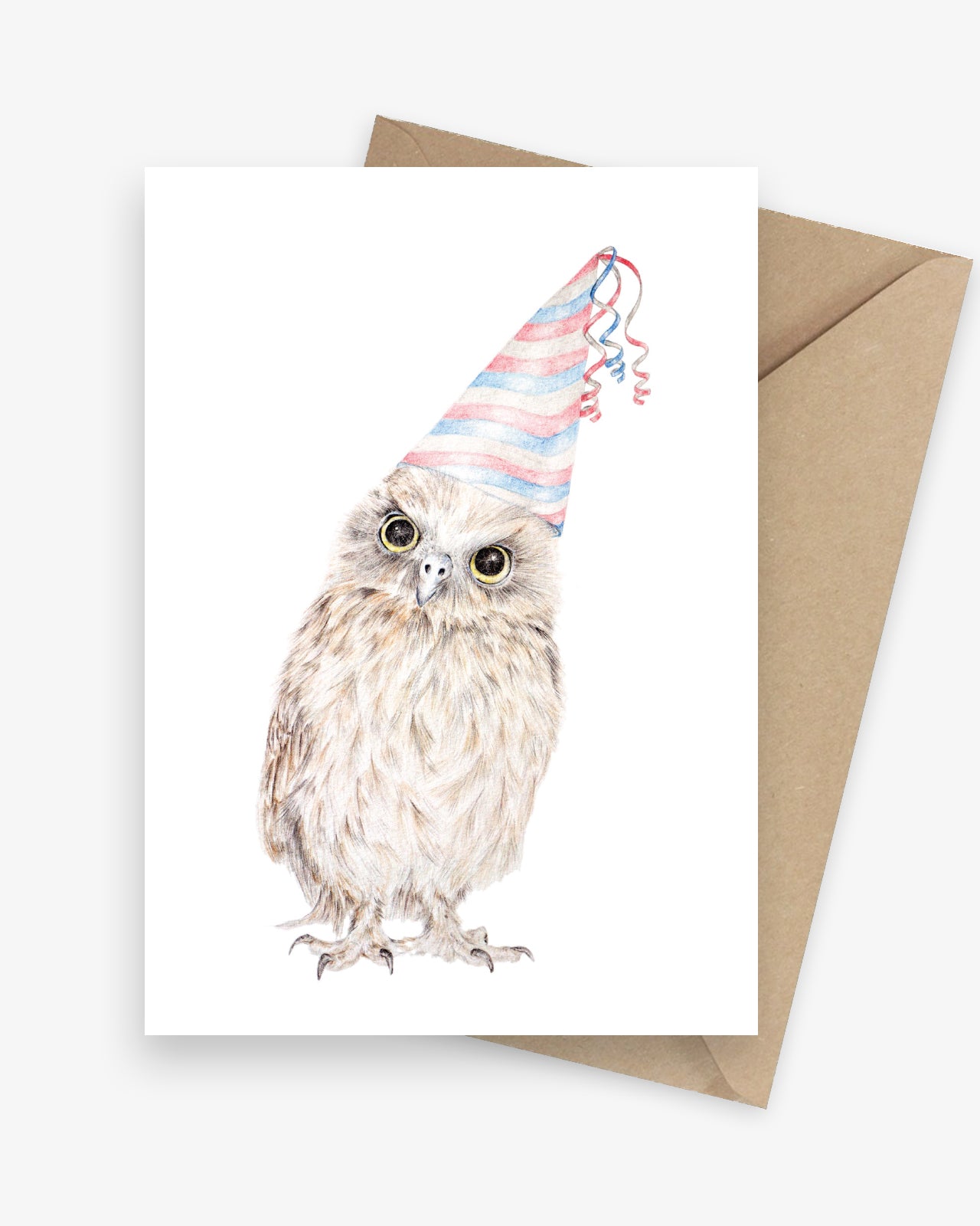 Funny birthday card featuring an owl with a party hat.