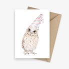 Funny birthday card featuring an owl with a party hat.