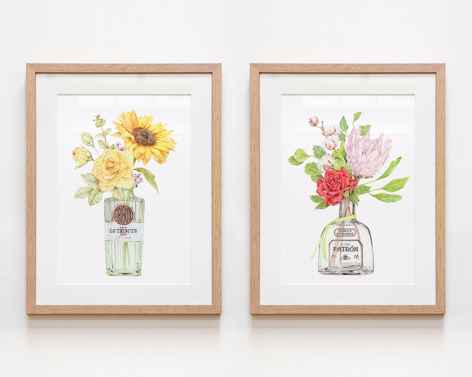 Framed wall art set with cocktail bottles and botanicals