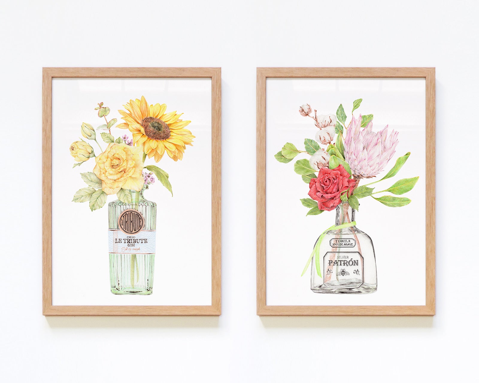 Set of 2 Framed botanical art with gin and tequila