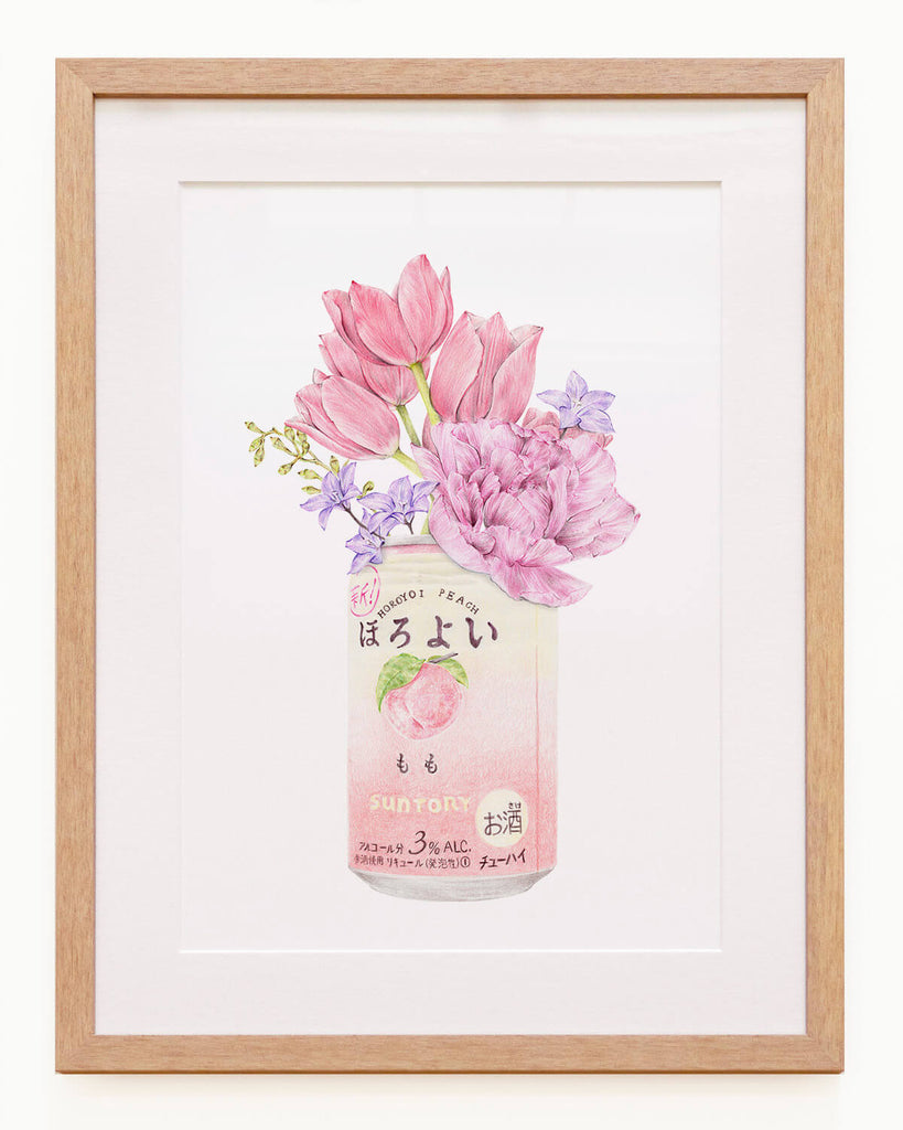 Artwork of Japanese Peach Sake Drink with floral arrangement by Australian Artist Carmen Hui