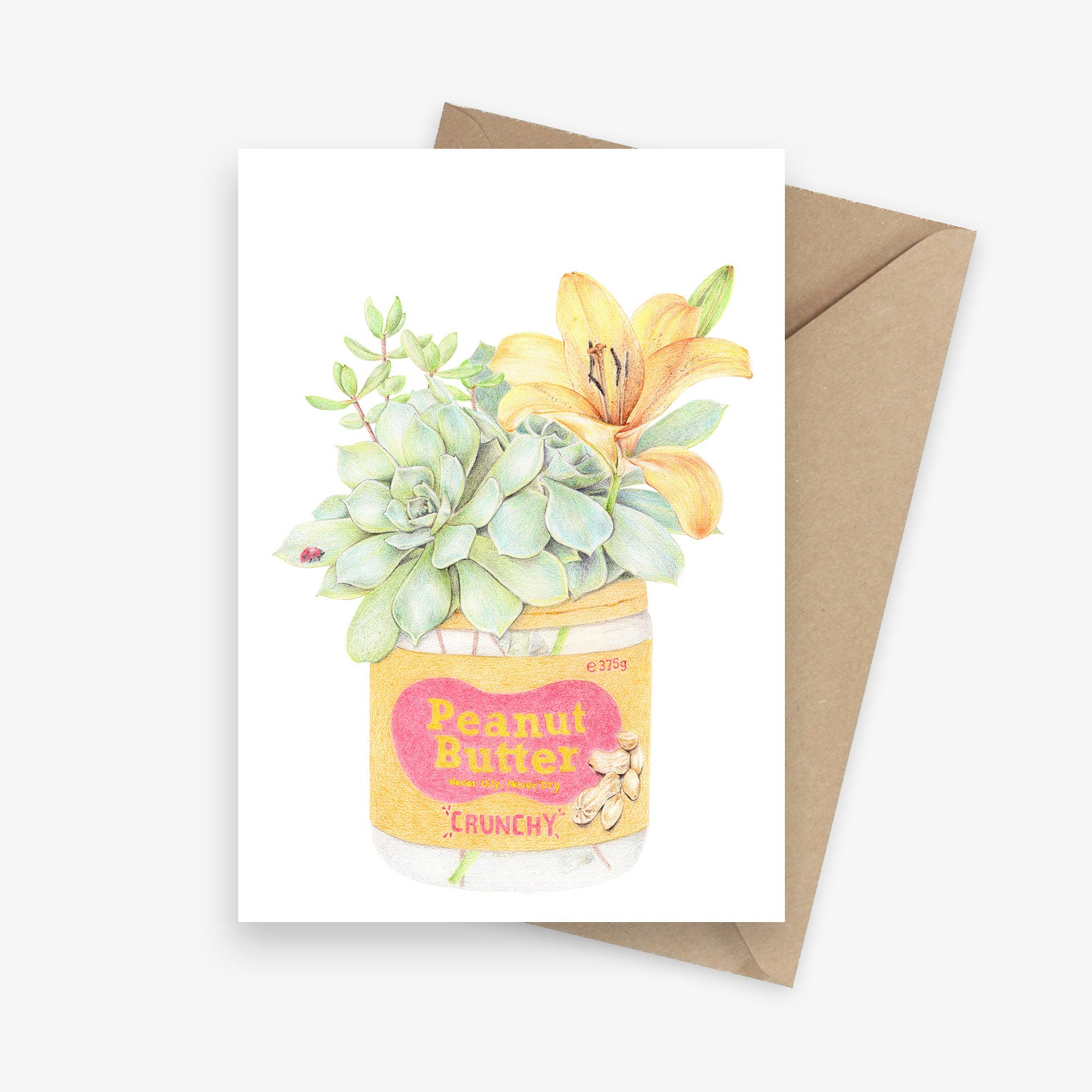 Greeting card featuring a succulent bouquet in a peanut butter jar.