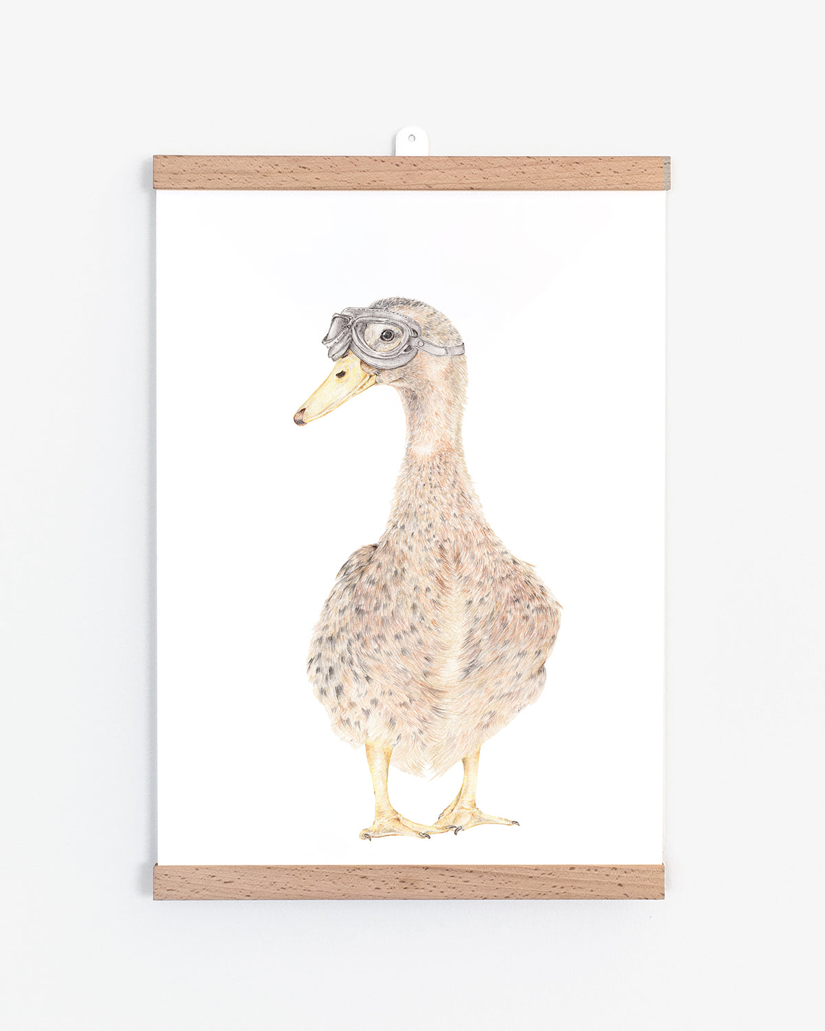 Quirky art print featuring a duck with goggles