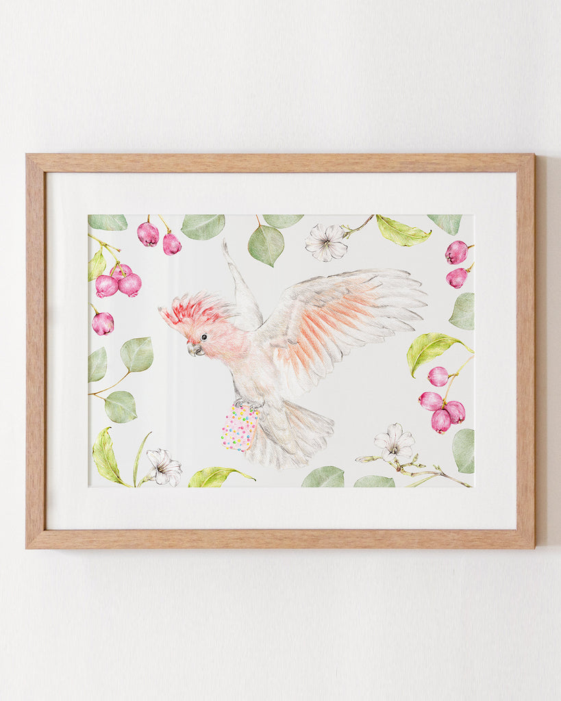 Pink cockatoo framed nursery artwork with mat board