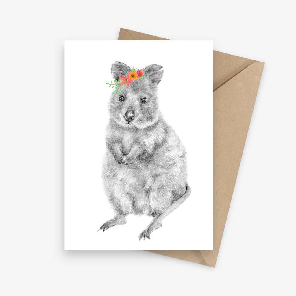 Greeting card featuring an Australian native quokka with a flower crown.