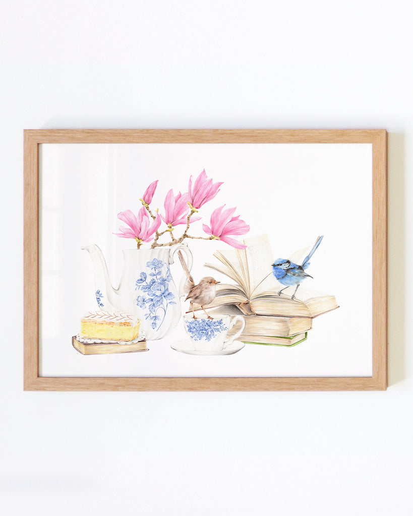 Australian Fairy Wren Finches with vintage books art print
