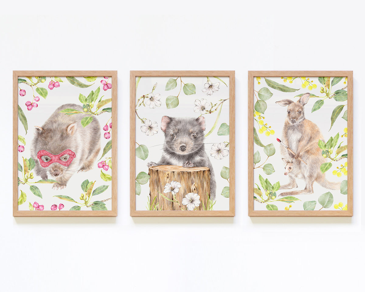 Set of 3 Australian animal framed nursery prints
