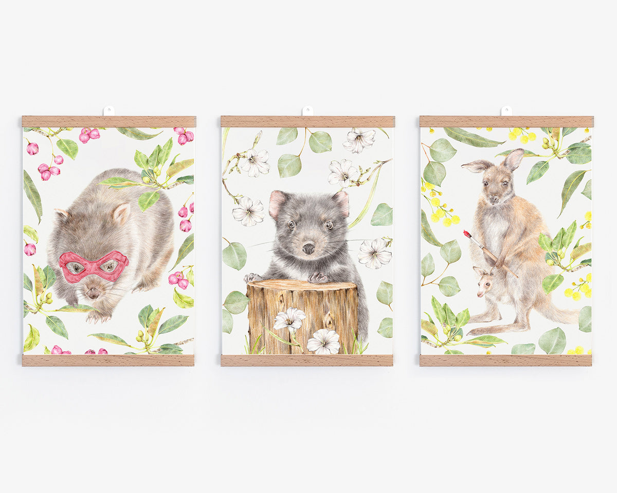Set of 3 Australian animal nursery prints with beech hangers